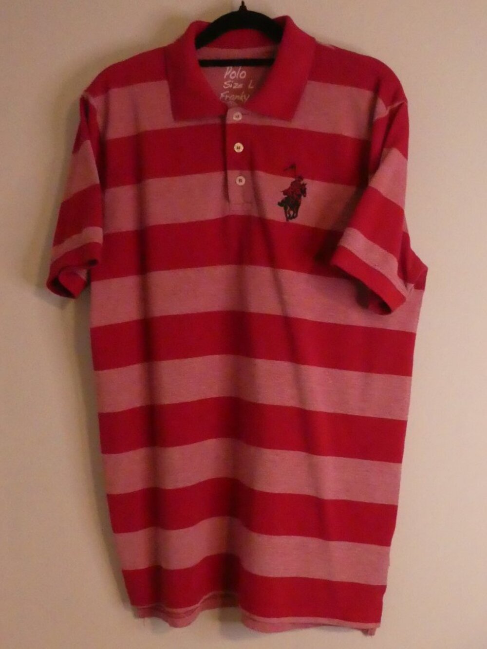 FRANKY MAX Polo Striped Polo Shirt Men's Red Pink Big Pony Logo - size large